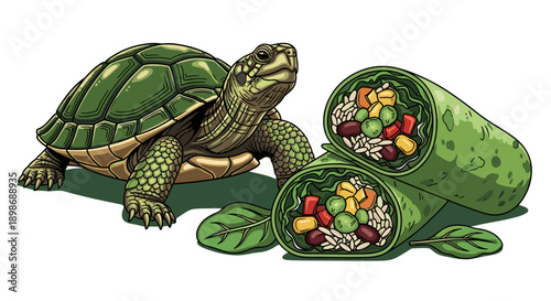 Funny Turtle with Vegan Burrito Wrap Vector Illustration. Fast Food and Slow Life Concept. Amusing Cartoon Animal Graphic isolated on transparent background. Diet & Lifestyle Image.