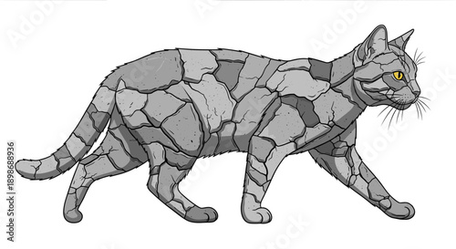 Stone Cat Walking Vector, Mythical Creature, Mosaic Cat, Isolated on transparent background. Feline Pet with Yellow Eyes. Strong, Ancient, and Powerful.