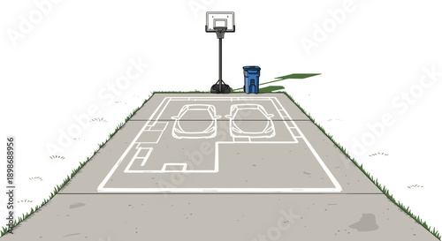 Dream Home Blueprint Chalk Drawing on Driveway, Basketball Hoop and Trash Can Isolated on Transparent Background. Concept for Real Estate, Architecture, and American Suburbia.