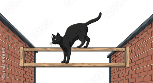 Black Cat Walking, Perched on Wooden Structure, Cartoon Style, Balancing Act, Isolated on Transparent Background, Symbol of Agility and Independence, Stock Illustration
