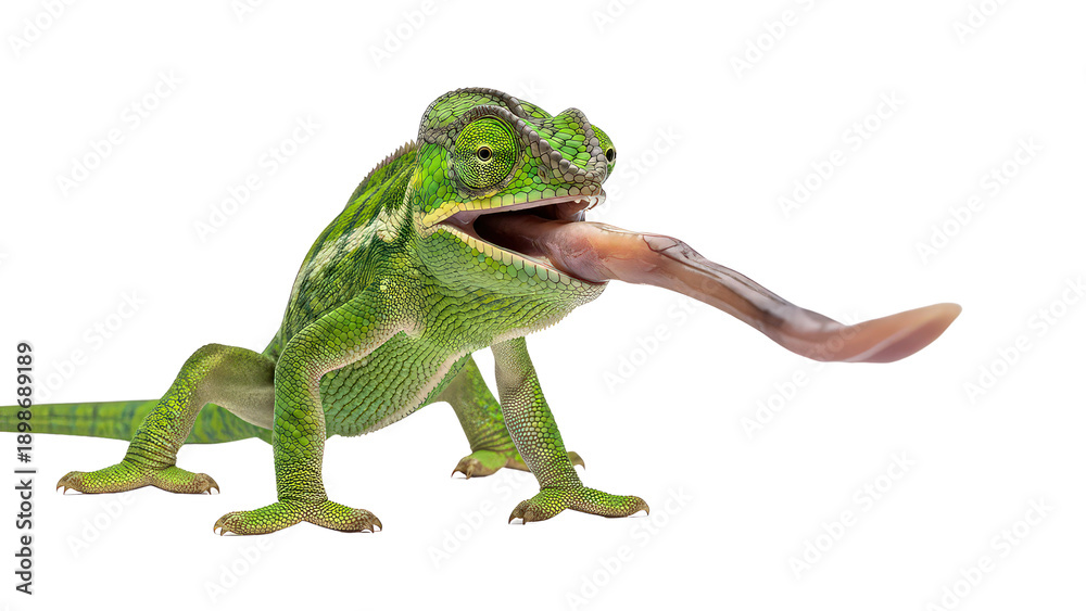 Fototapeta premium Green Veiled Chameleon catching prey with long tongue, side view, isolated on white