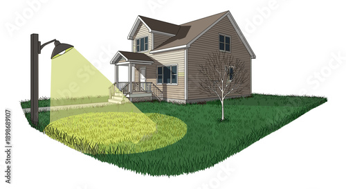 Suburban House at Night with Street Lamp Illuminating Yard - Home Security, Vector Illustration, Isolated on Transparent Background for Design Elements