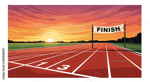 Race Track at Sunset, Finish Line Banner, Concept of Success and Achievement. Sports Vector Graphic isolated on transparent background. Competition and Victory Illustration