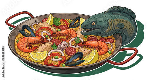 Humorous Paella Cartoon with Eel, Seafood Feast Illustration Isolated on Transparent Background. Funny Spanish Food Vector Design for Menu, Recipe, or Print.