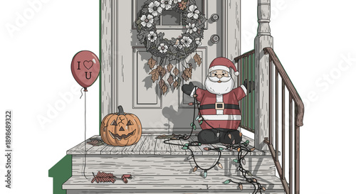 Funny Seasonal Transition: Santa, Pumpkin, and Wreath on Front Porch Steps. Vector illustration isolated on transparent background for holiday concepts and seasonal advertising.