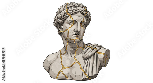 Kintsugi Sculpture: Golden Repair of Bust, Isolated on transparent background. Symbol of Resilience, Beauty in Imperfection, Mental Health, Art Therapy & Unique Craft