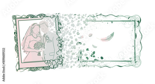 Elegant Wedding Invitation Design with Heart Confetti and Feather Accents, Ornate Frame, Couple in Love, Perfect for Romance and Anniversary Designs, isolated on transparent background.