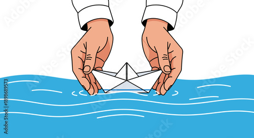 Paper Boat Floating: Symbol of Dreams, Hope & Childhood, Hands Launching Boat on Water, Origami, Isolated on transparent background, Vector Illustration, Creative Journey.