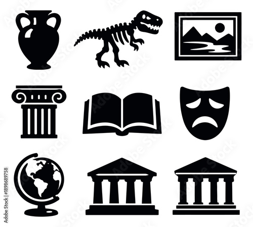 Graphic history and culture icon set featuring ancient artifacts, art, and educational symbols for educational and museum themes