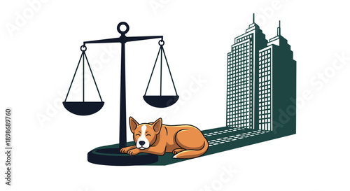 Dog Loyalty Justice Concept Illustration. Cute Pet Loyalty for Fair Legal System with Scales and Skyscraper, Isolated on transparent background.