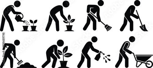A series of icons depicting various gardening activities and tools