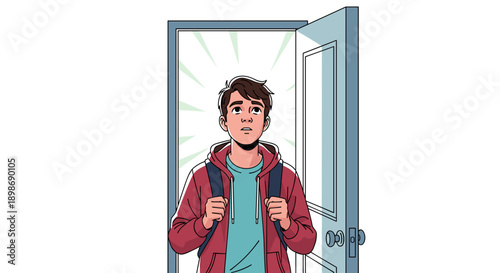 Student Standing at Open Doorway, Hopeful Future: Cartoon Illustration of Young Man with Backpack Looking Upwards, Isolated on transparent background. Opportunity Knocks Stock Art