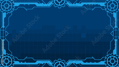 Futuristic blue frame with geometric patterns and technological details