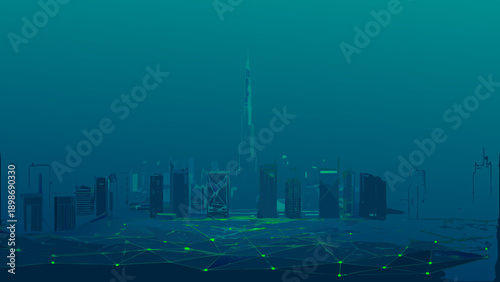 Abstract digital cityscape featuring the burj khalifa and network connections