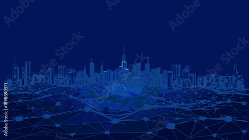 A futuristic cityscape rendered in shades of blue with a network base