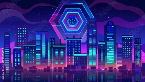 Neon cityscape with a glowing hexagonal structure dominating the skyline