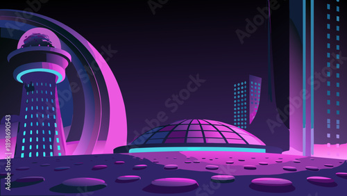 Futuristic cityscape with illuminated structures and a glowing purple atmosphere
