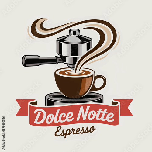 Elegant Dolce Notte Espresso logo featuring moka pot pouring rich coffee aroma into a cup, symbolizing Italian café culture, classic warmth, craftsmanship, and morning indulgence delight