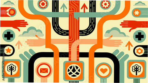 Abstract illustration featuring hands arrows and mechanical elements