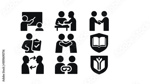 A collection of black and white icons depicting people interacting and learning