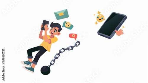 Person struggling with digital device addiction chained to a phone