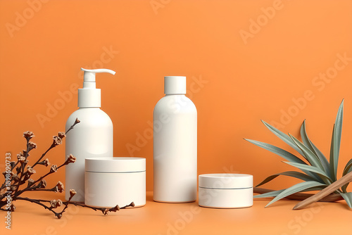 Minimalist skincare product arrangement with white containers and plant elements