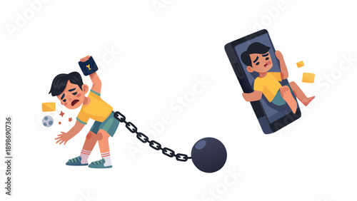 Boy struggling with phone addiction chained to a digital device