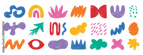colorful doodle abstract shapes. Naive elements noisy drawing texture. Abstract creative figure, grunge brushes. silhouette trendy quirky graphic