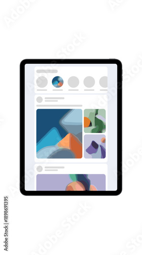 A tablet displaying an interface of social media applications with icons and graphical elements. The device showcases a contemporary design and a user-friendly interface