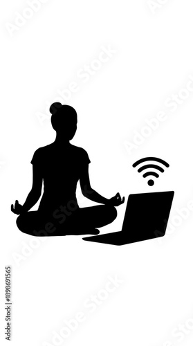 A person meditating with laptop and wifi connection