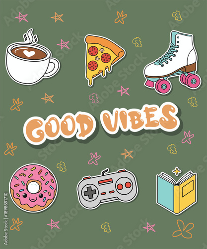 Vibrant good vibes illustration with coffee, pizza, and games