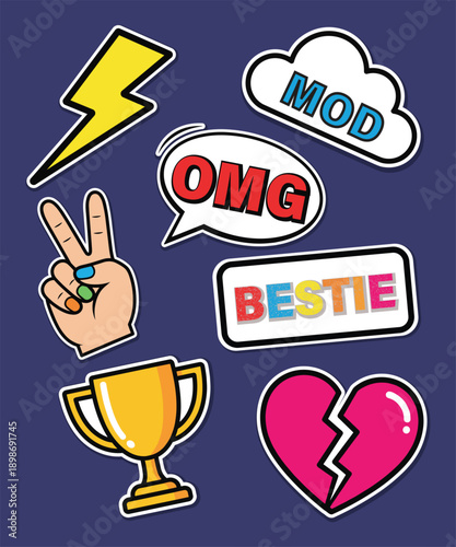Vibrant sticker set with trendy phrases and symbols for social media