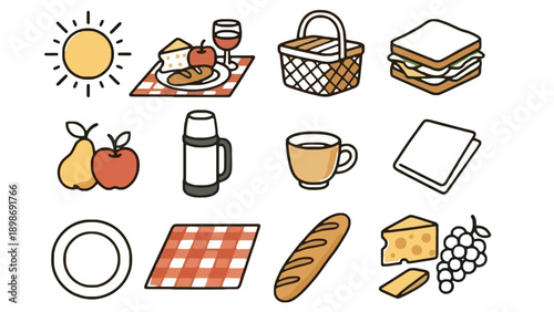 A colorful illustration of a picnic setup with various food items and a sunny atmosphere