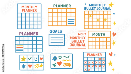 A colorful illustration of various monthly planners and journals on a white background