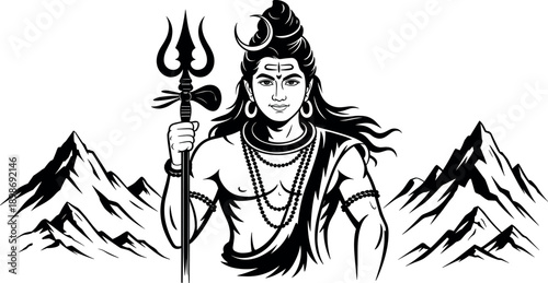 Lord Shiva Holding Trident Vector Illustration with Mountains Background, Hindu Deity