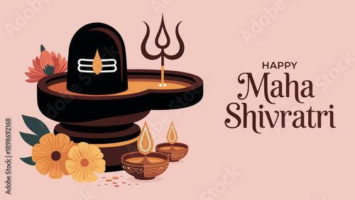 Happy Maha Shivratri Vector Greeting Card with Shiva Lingam, Trident, and Diyas