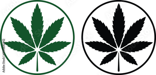 Two cannabis leaf illustrations in circular frames, one green and one black