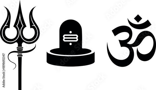 Om Symbol, Shiva Lingam, and Trishula Vector Icons for Hinduism and Spirituality