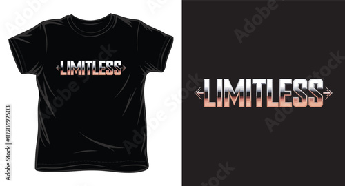 Retro futuristic chrome lettering for t-shirt design featuring limitless text in metallic style