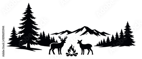 Silhouette illustration of a wilderness scene depicting deer by a campfire with mountains for nature exploration