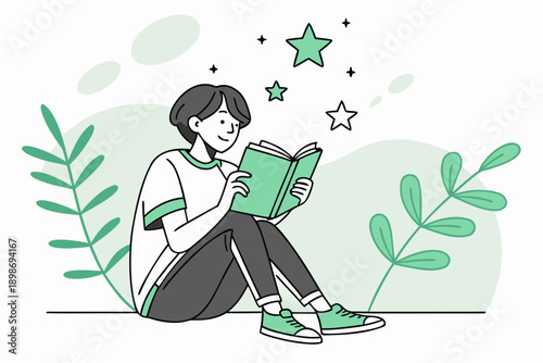 A person immersed in reading a book surrounded by nature and tranquility