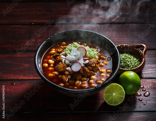 Traditional Mexican Pozole Rojo soup with shredded pork, radish and lime on rustic background