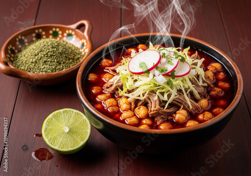 Traditional Mexican Pozole Rojo soup in clay bowl with steam, fresh radish and lime on dark wooden table