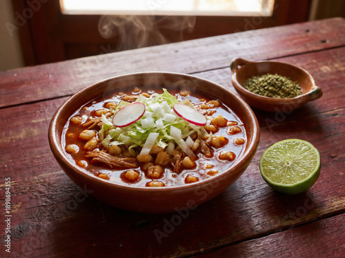 Traditional Mexican Pozole Rojo soup in clay bowl with steam, radish, cabbage and lime on rustic wooden table