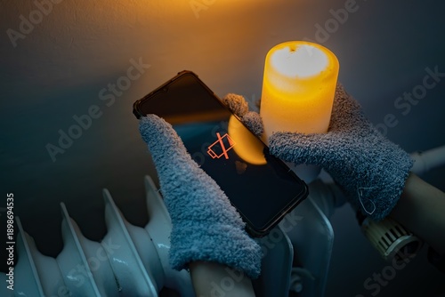 Foto Cold Winter Blackout in Ukraine: Person in Gloves Holding Dead Phone and Candle