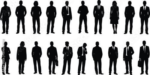 Silhouettes of business people standing in formal poses, isolated on white background, representing corporate team, professional workforce, leadership, diversity, and office lifestyle concepts