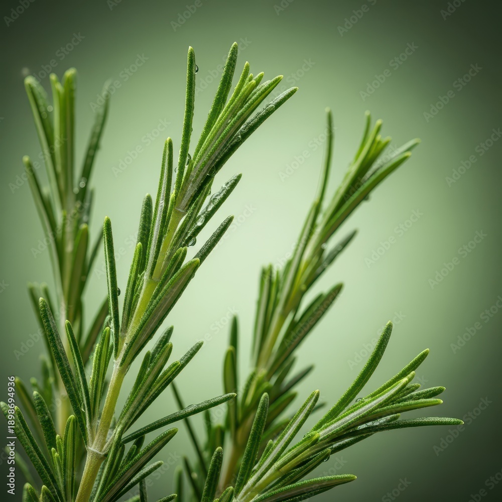Obraz premium A stunning macro photograph capturing the fine texture and vibrant green color of fresh rosemary sprigs, emphasizing detail and cooking potential, antioxidant, green, garden