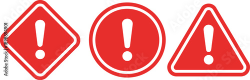 Three distinct shapes featuring an exclamation mark in the center, all in red.