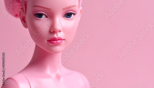 Close-up portrait of a stylized pink doll with large eyes and full lips.