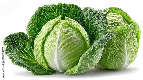 Two vibrant heads of fresh green cabbage, ready for healthy cooking and culinary creations, showcasing natural beauty and garden-fresh appeal, isolated on white